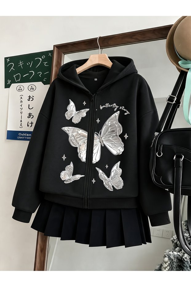 Unisex Black Butterfly Story Printed Zippered Sweatshirt Printed Premium Oversize T-Shirt