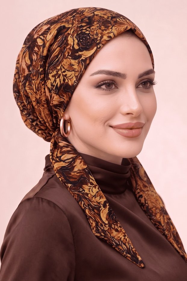 Women's Brown Mustard Yellow Floral Patterned Elastic Scarf Bonnet with Drawstring at the Back