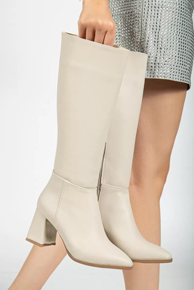 Aurelia Premium Thick Heeled Winter Zippered Beige Boots