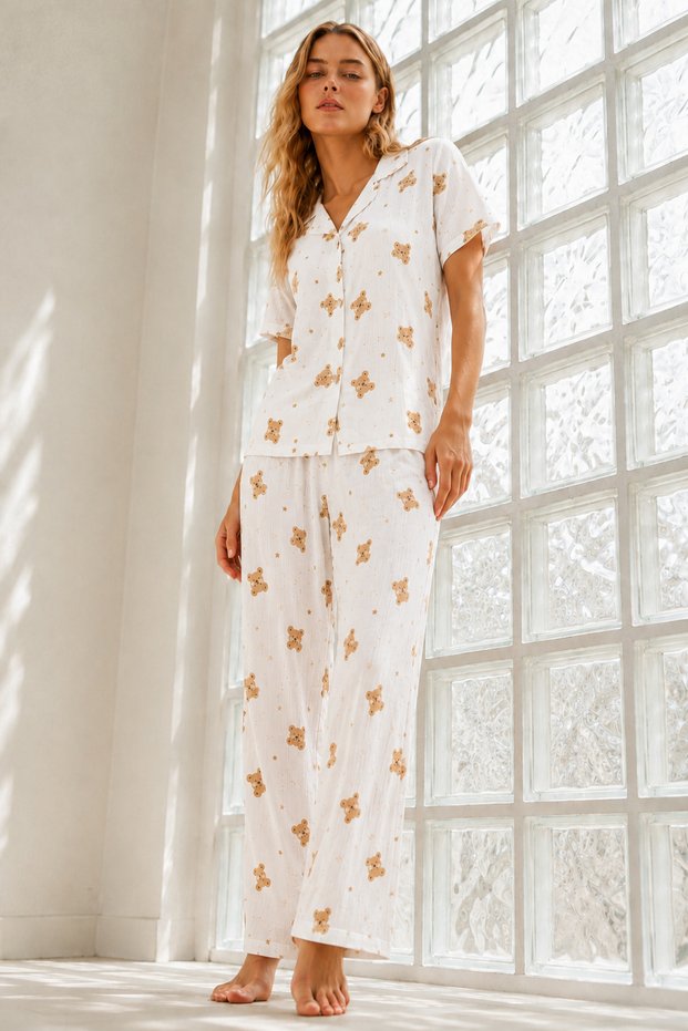 Women's Young Loose Yarn-Dyed Off-White Pajama Set