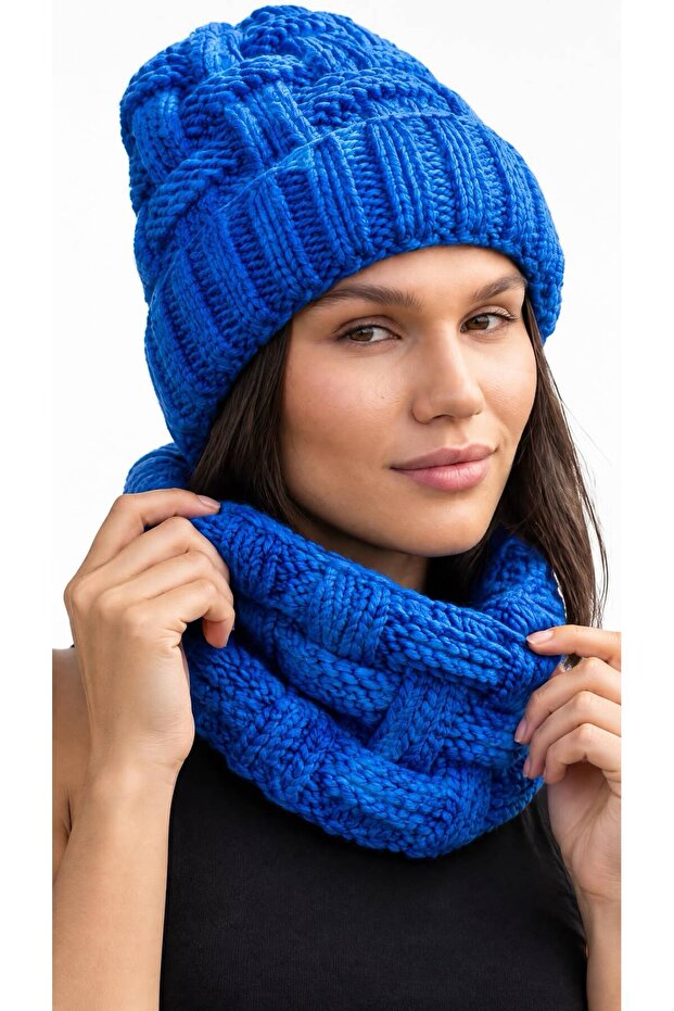 Hand Knitted Soft Women's and Men's Beanie Neck Collar Set Blue