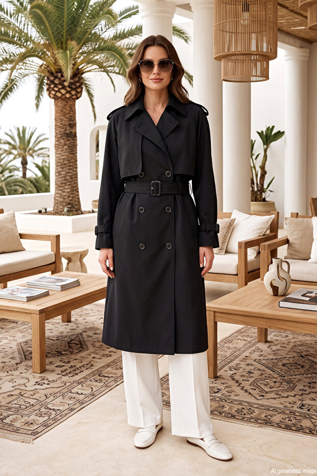 Double Buttoned Front Belt Detailed Lined Trench Coat 530031 Black