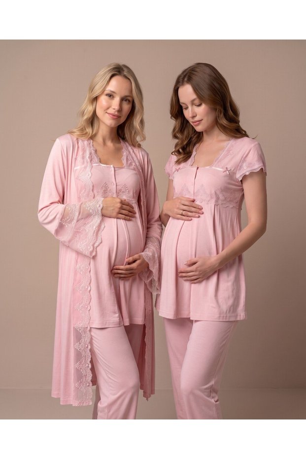 Women's Powder-Colored Lace-Up Maternity Pajama Set with Nursing Detail and Dressing Gown