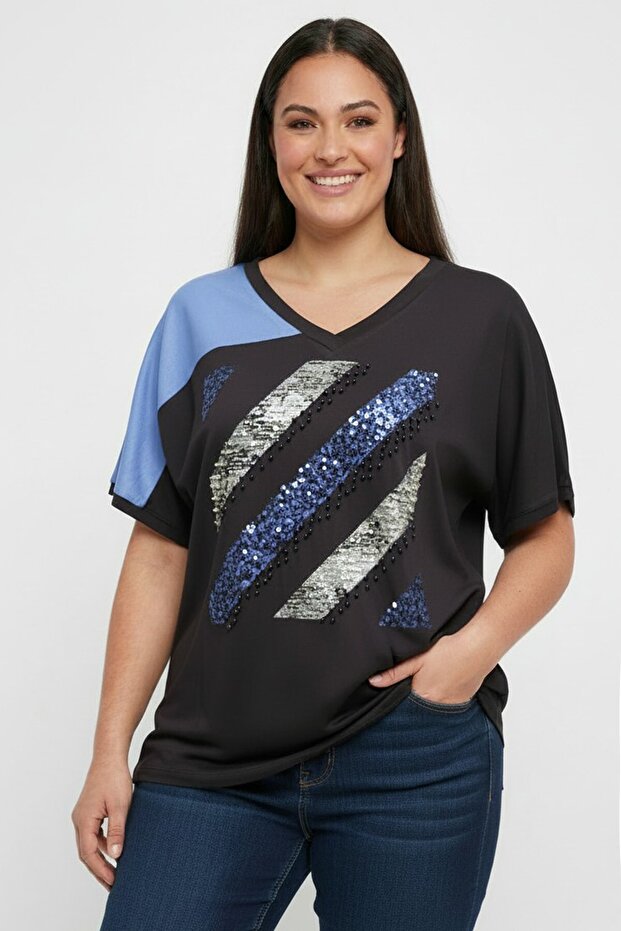 Women's V-Neck Cross Stripe Sequin-Bead Embroidered Short Sleeve Lycra Viscose Plus Size Blouse