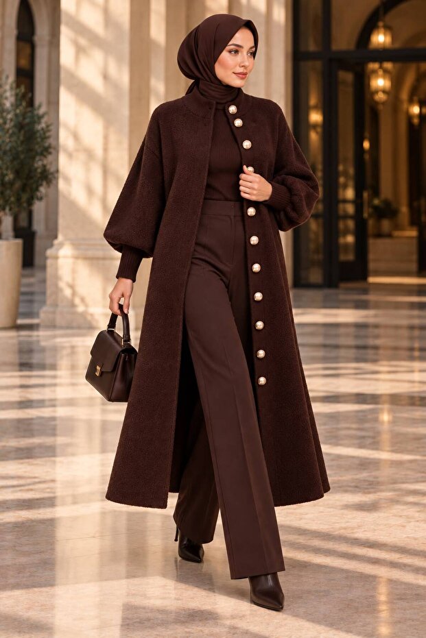 Women's oversized beardy knit long cardigan with button detail