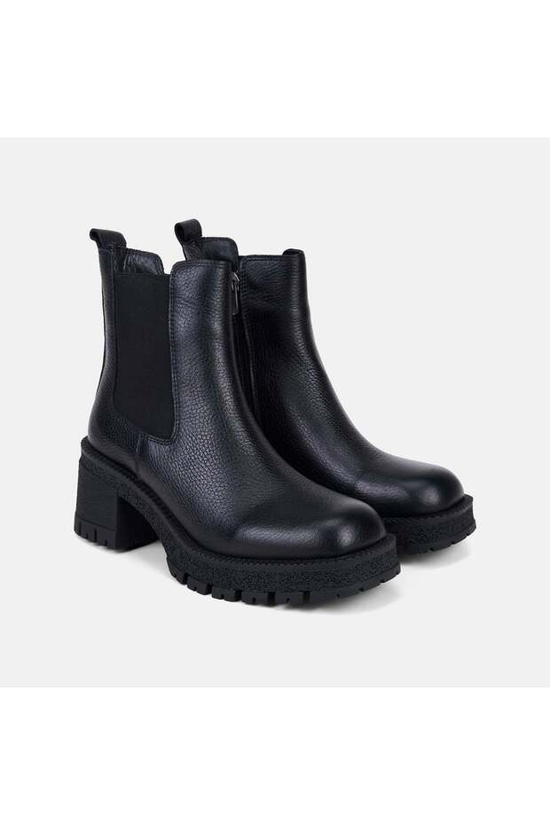 Women's Black Rubber Detailed Zippered Heeled Leather Boots