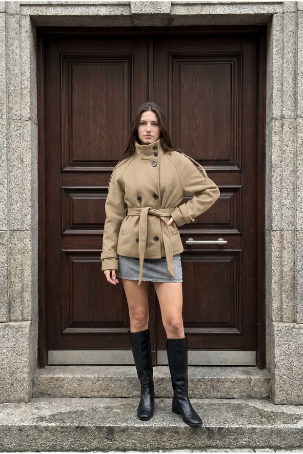 Women's Stand Collar Belted Cashmere Short Coat