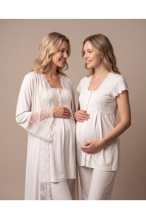 Women's Ecru Lace-Up Maternity Pajama Set with Nursing Detail and Dressing Gown