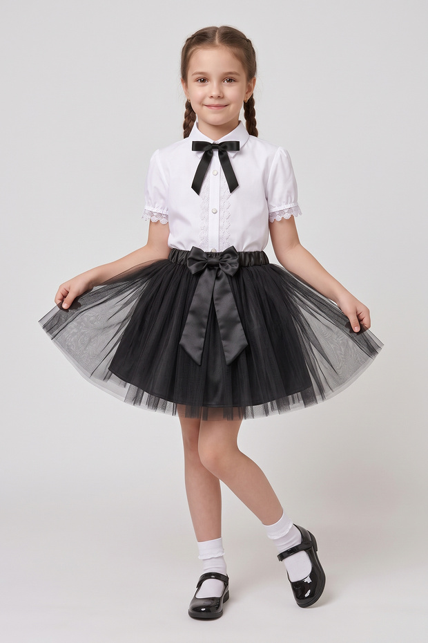 Girl's Black Bow Lace White Short Sleeve Shirt Black Tutu Skirt April 23 October 29 Performance Outfit