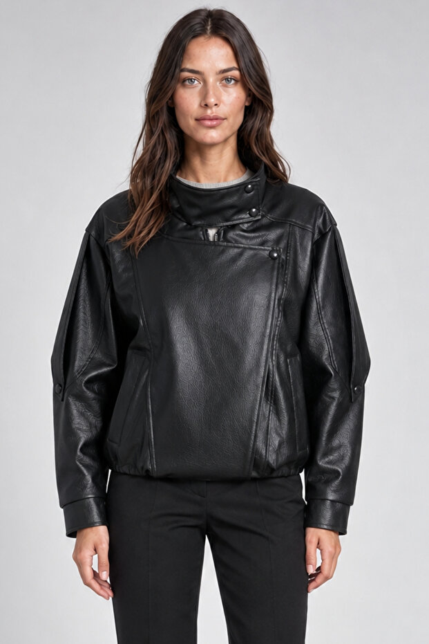 Women's Black Oversize Asymmetrical Zippered Faux Leather Jacket with Snap Detail