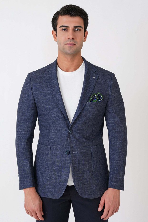 Slim Fit Double Slit Pocket Woolen Navy Blue Jacket C 752