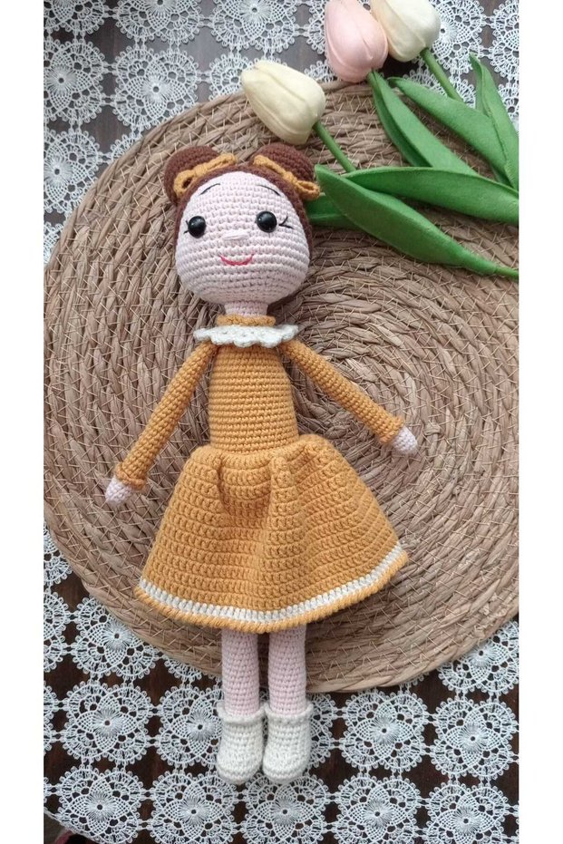 Amigurumi Cute Baby Knitted Toy Handmade Cute Girl Doll Playmate Sleeping Companion Mustard (Light Brown)