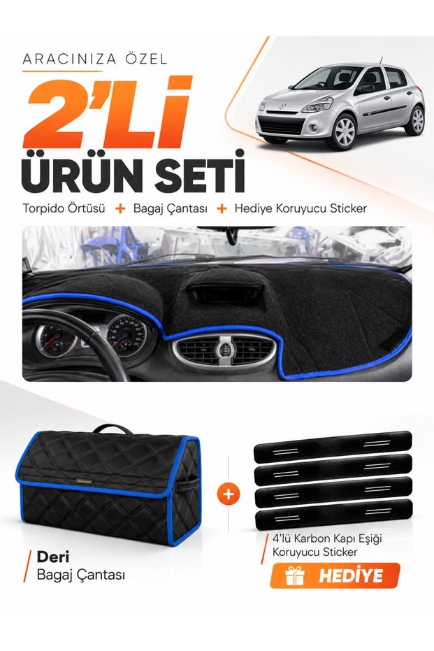 Renault Clio 3 (2005-2012) Compatible Dashboard Cover + Leather Trunk Bag + Sticker Set - Re017