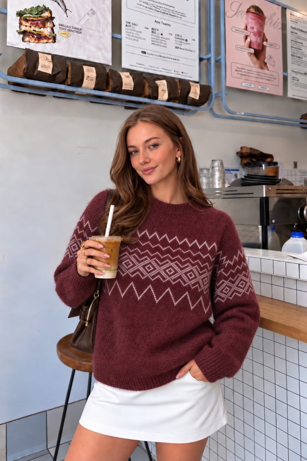 Women's Crew Neck Nordic Pattern Oversize Knitwear Sweater