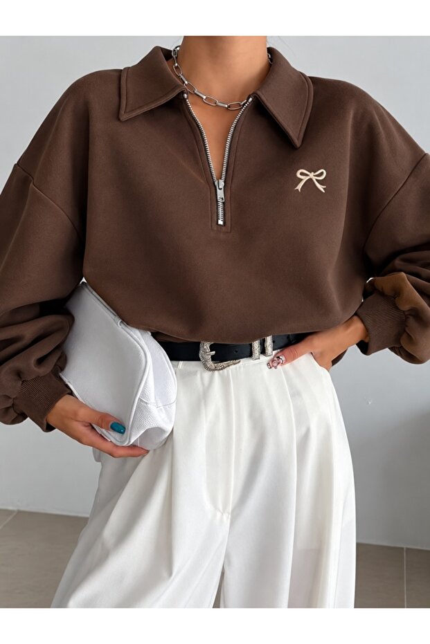 Women's Polo Collar Zippered Bow Printed Oversize Sweatshirt
