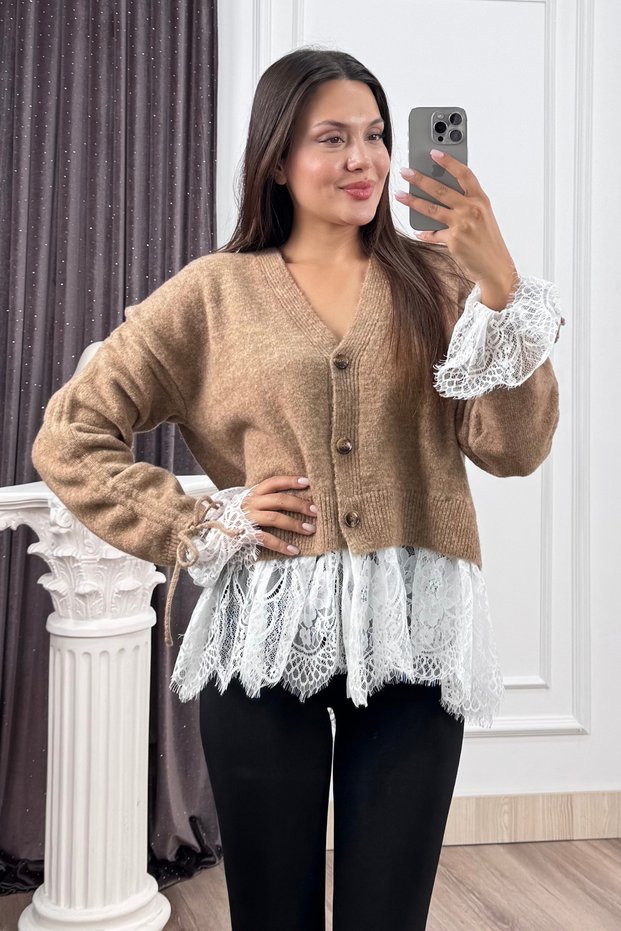 Women's Winter Camel Elodie Lace Detailed Wool Cardigan 20304