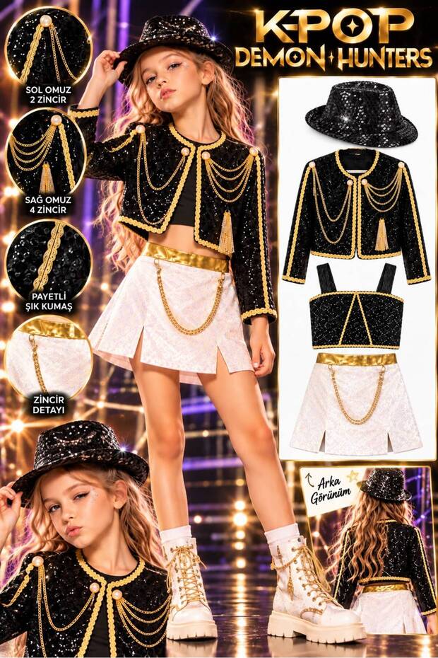 Kpop Huntrix Costume Rumi Mira Zoey Costume - Face Stone - Black Sequin Party Hat Birthday Party Concert Set