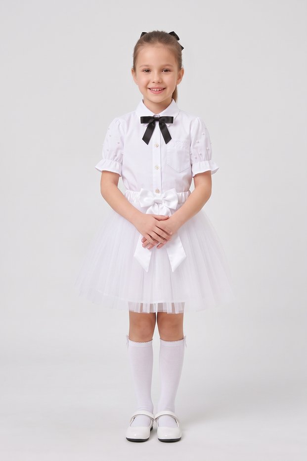 Girl's Black Ribbon Short Sleeve Pearl Detailed Ruffled Sleeve Pocketed Shirt White Tutu Skirt April 23 October 29 Show Outfit