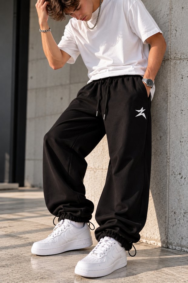 Star Printed Adjustable Leg Baggy Premium Loose Men's Sweatpants That Can Be Worn in All Seasons