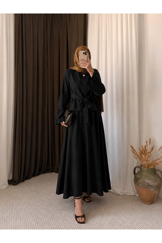 Single Button Belted Skirt Suit - 3182 - Black