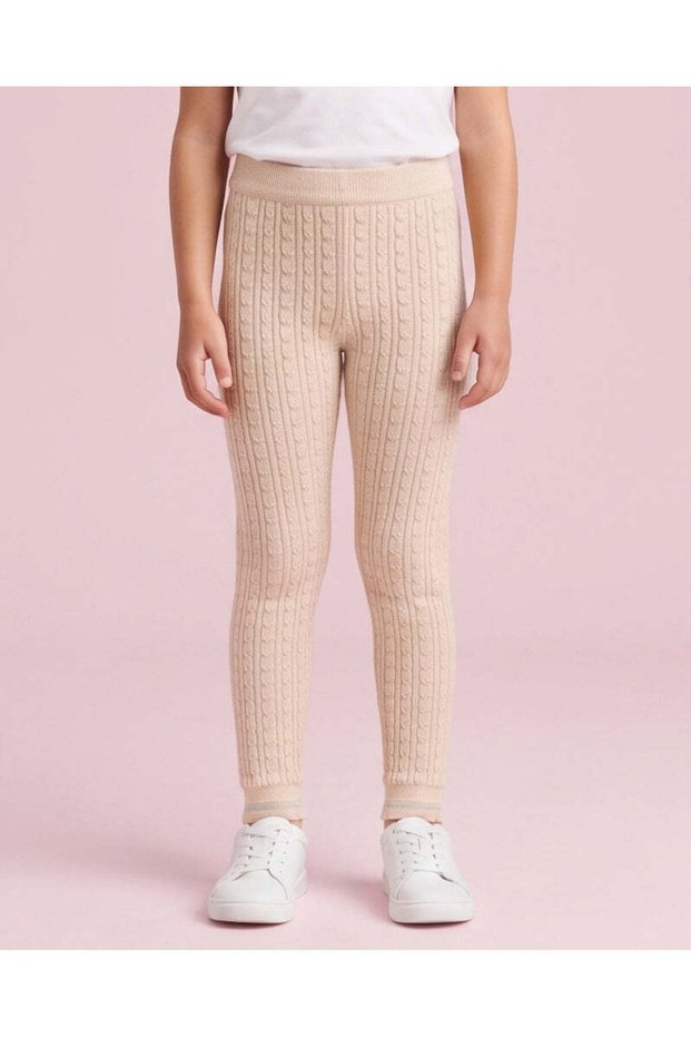 Girls Beige Cable Knit Leggings