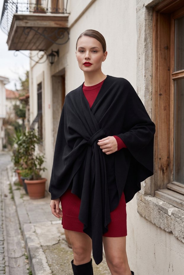 Women's Thessaloniki Fabric Knotted Front Poncho Shawl