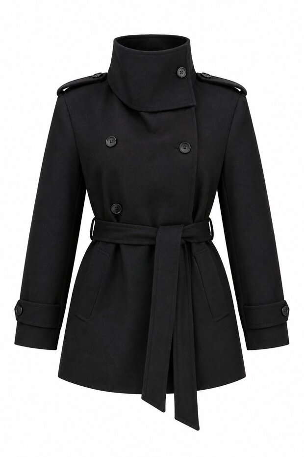 Black Cashmere Coat with Insert Collar Detail - 2Y1125