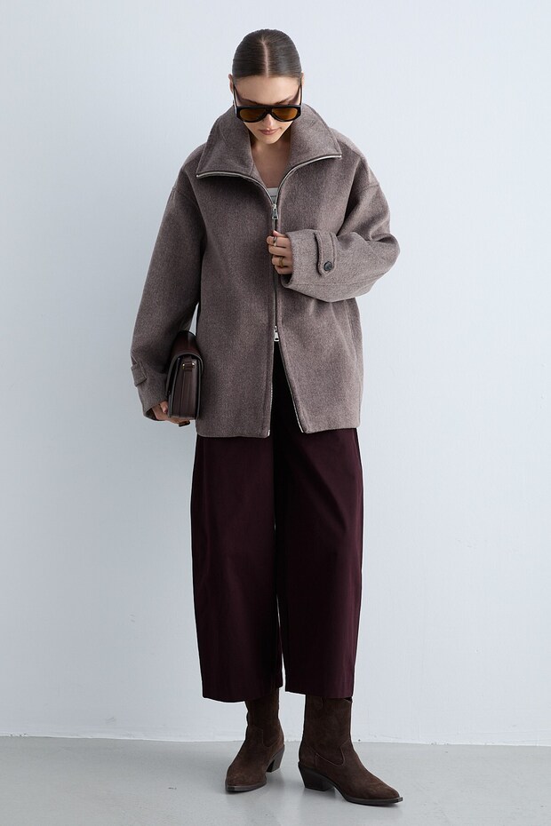 Women's Zippered Stand Collar Oversize Coat with Wide Sleeves and Pocket Detail Short Coat -Mocca