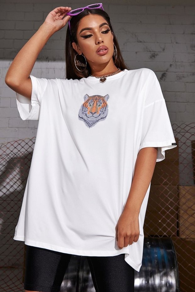 Azurco Oversize Tiger Printed White Tshirt