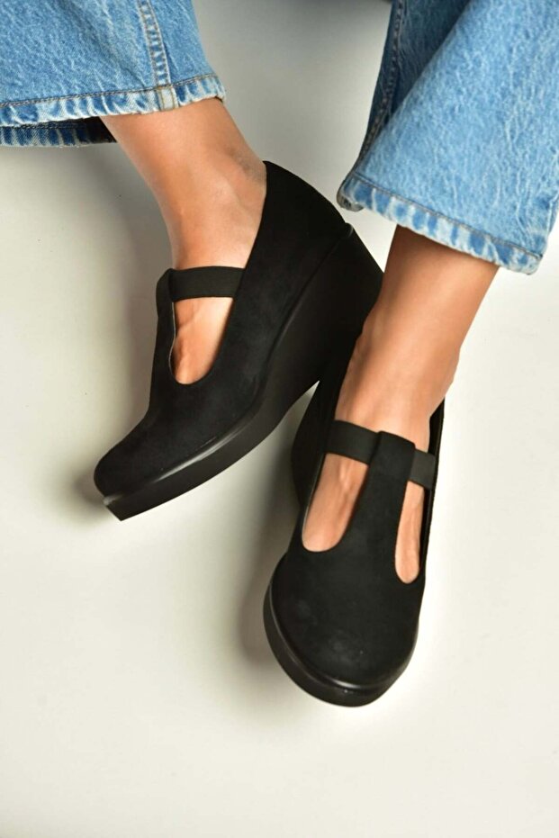 Z602281702 Black Suede Wedge Sole Women's Shoes