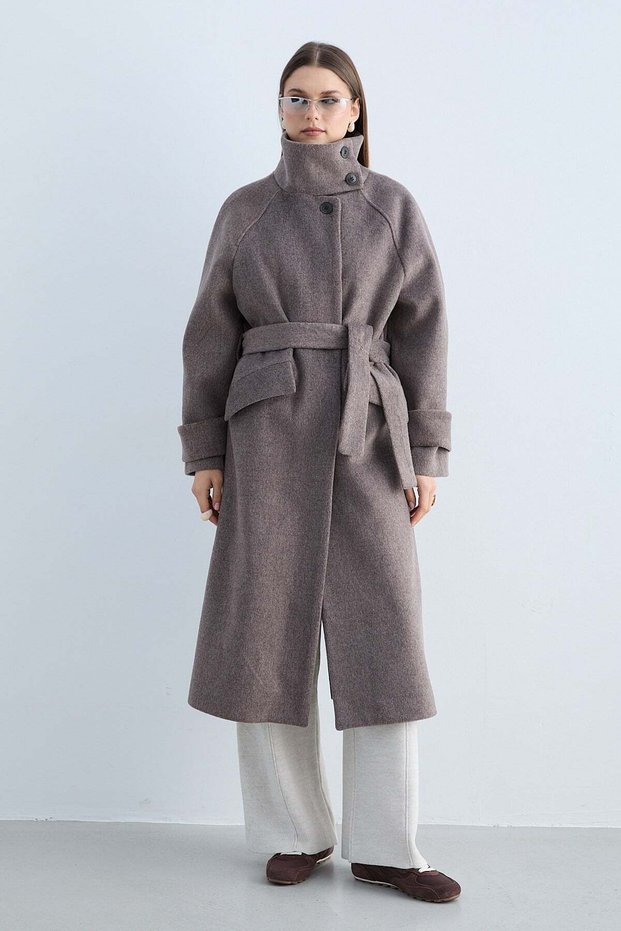 Women's Stand Collar Belted Buttoned Coat with Pockets Long Sleeve Belted Waist Winter Overcoat -Mocca