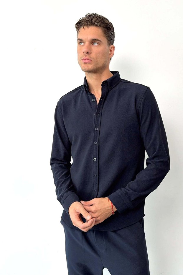 Men's Long Sleeve Knitted Shirt Navy Blue - 70085