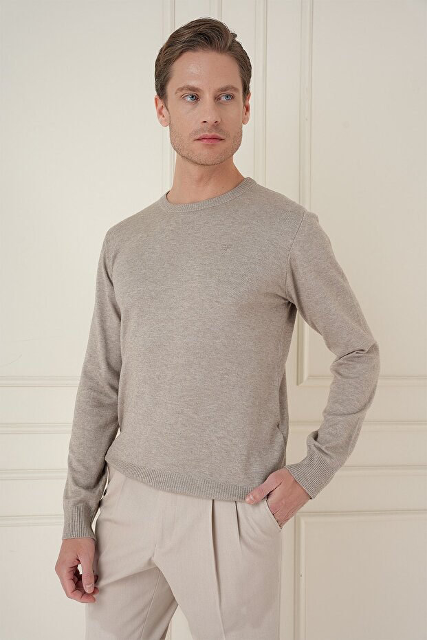 Slim Fit Ribbed Plain Stone Wool Crew Neck Knitwear Sweater Tr 900