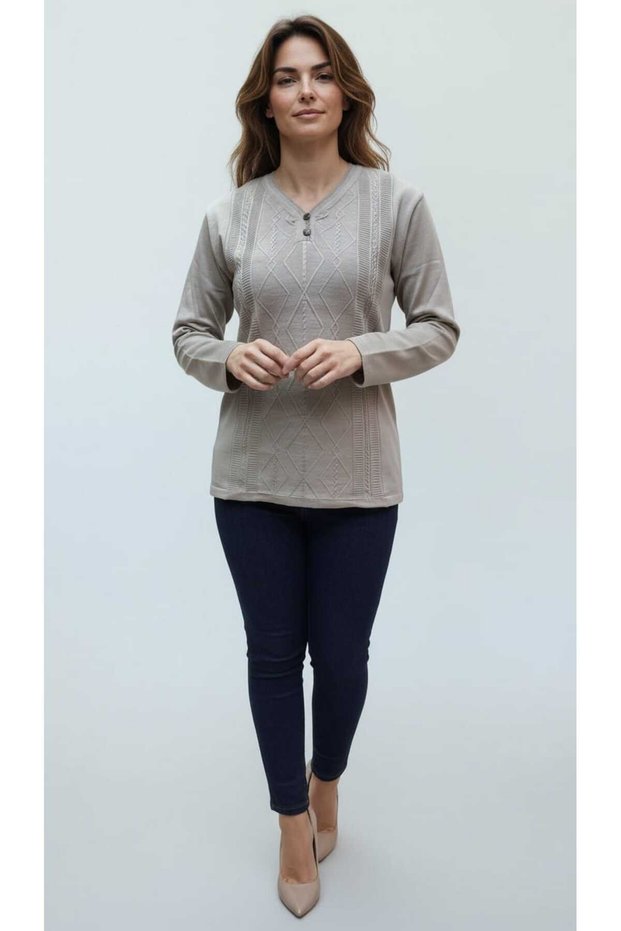 Women's Middle-Aged and Older Women's V-Neck Patterned Knitted Bluz