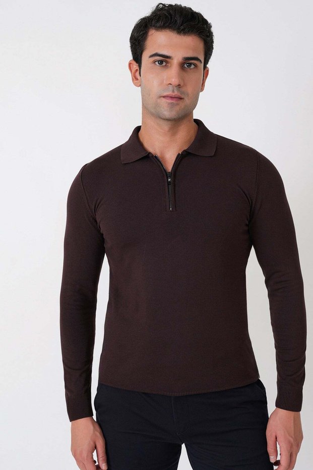 Slim Fit Stretchy Cotton Zippered Polo Collar Brown Knitwear Tr 902