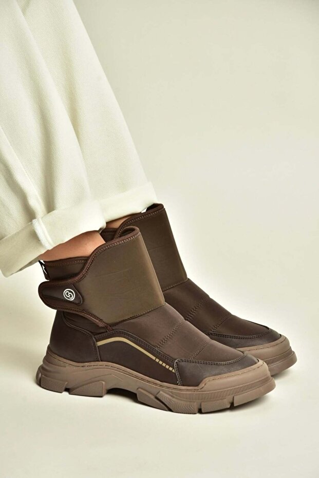 Z820260304 Brown Fabric Velcro Thick Soled Winter Inflatable Snow Boots