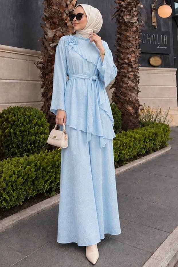 Floral Detailed Asymmetrical Blue Hijab Suit 26102m