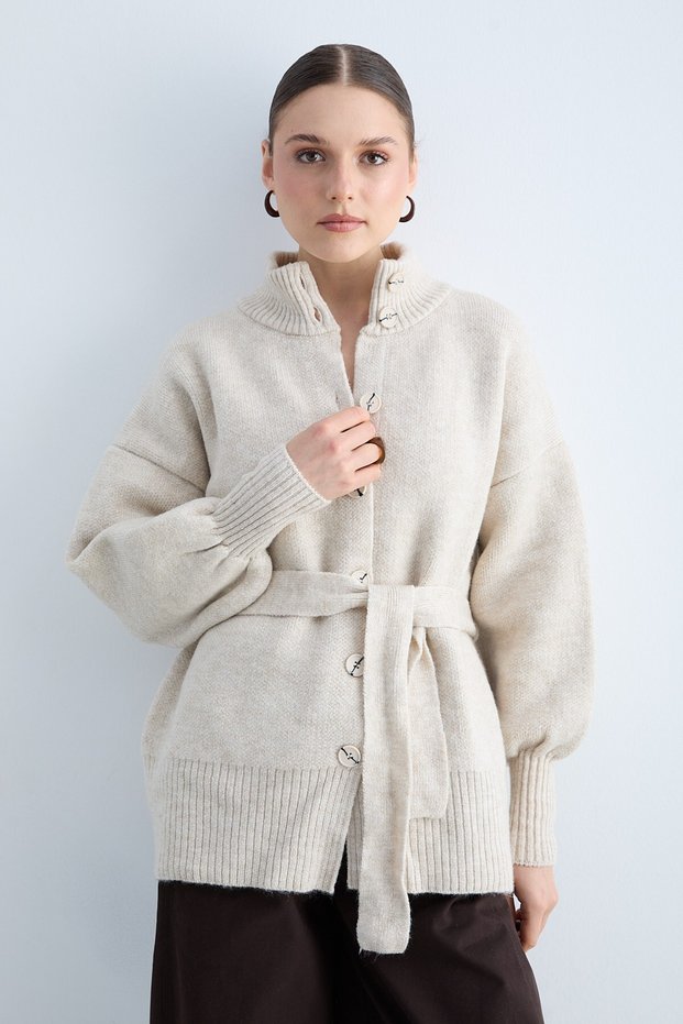 Women's Knitwear High Collar Buttoned Belted Cardigan Long Sleeve Relaxed Fit Knit Cardigan - Stone