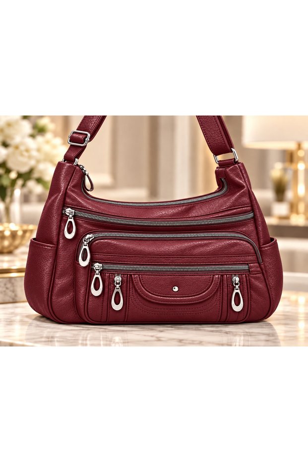 Women's 7-Section Multi-Pocket Luxury Shoulder Bag with Adjustable Strap, Zipper, Quality Faux Leather Daily Gift Bag