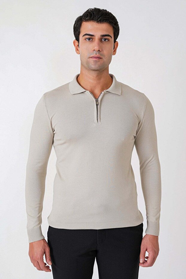 Slim Fit Stretchy Cotton Zippered Polo Collar Stone Knitwear Tr 902