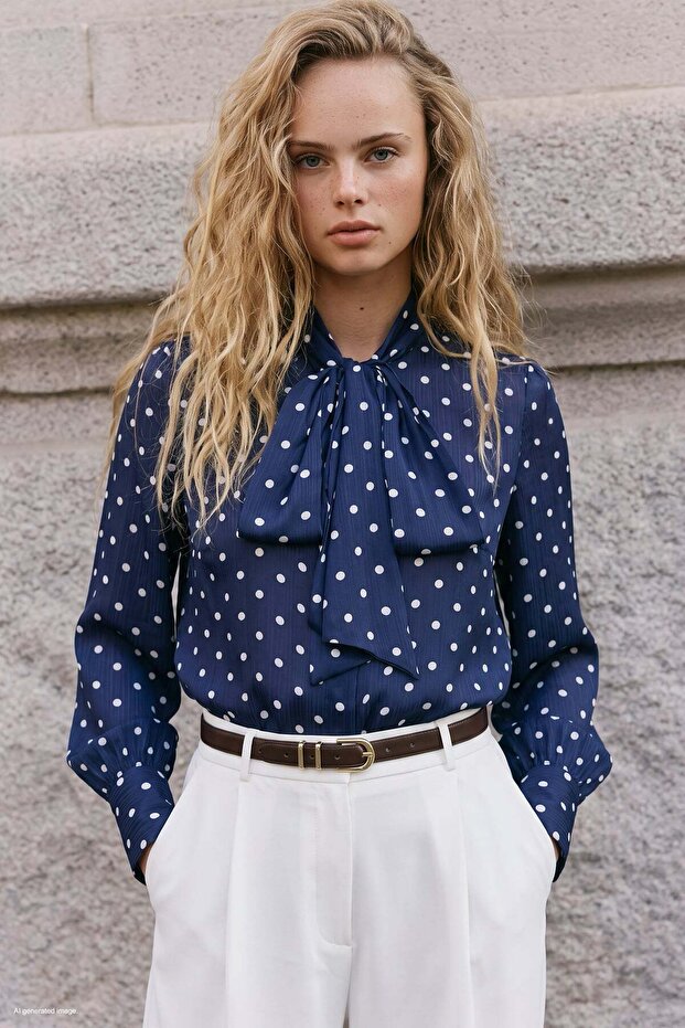 Polka Dot Patterned Scarf Shirt - Navy Blue