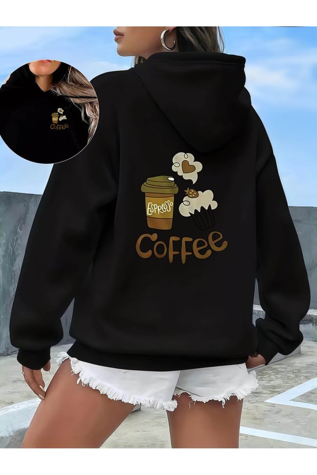 Women's Capuche and Coffee Color Back and Front Printed Premium Hooded 2 Thread Count Oversize Sweatshirt
