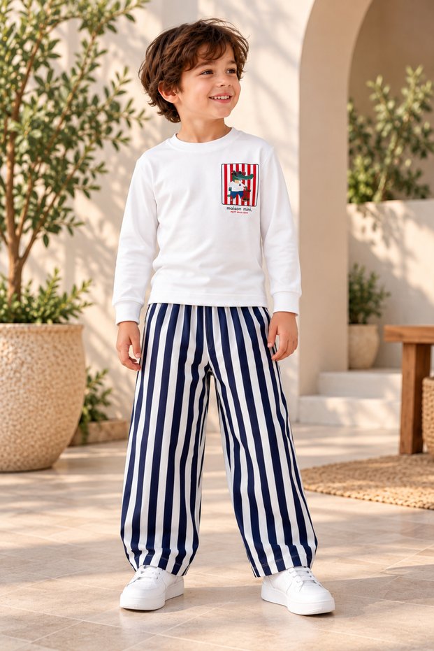 Boys' White Printed Long Sleeve T-Shirt and Navy Blue Striped Pants 2-Piece Set