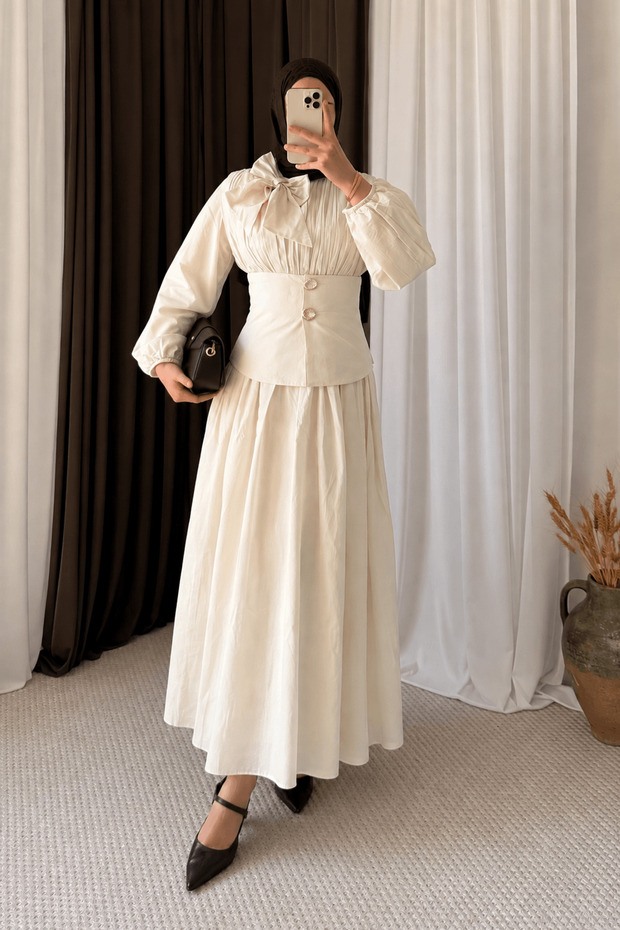 Two-Button Voile Dress with Belt - 5176 - Ecru