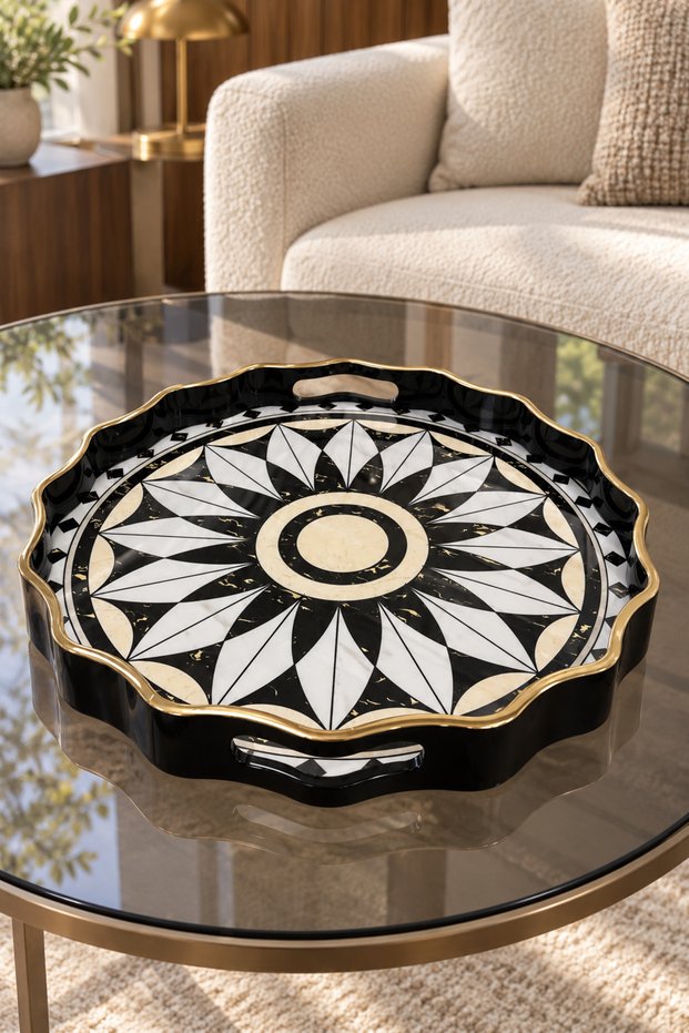 Lunessa Decorative Presentation Tray with Handles, Patterned Stylish Serving Tray