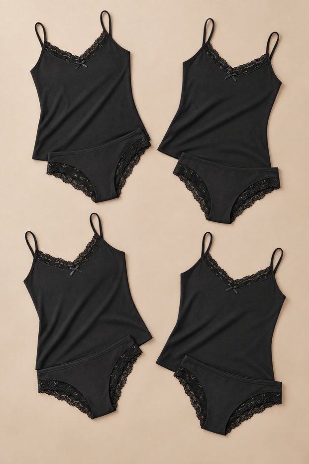 4-Piece Women's Lace Rope Strap Cotton Athlete Panties Underwear Set Black