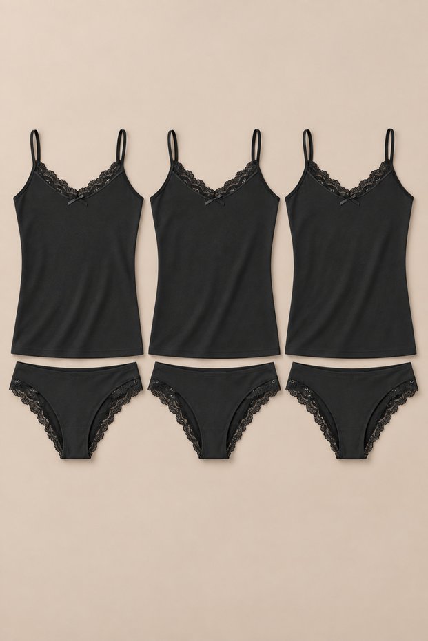3-Piece Women's Lace Rope Strap Cotton Athlete Panties Underwear Set Black