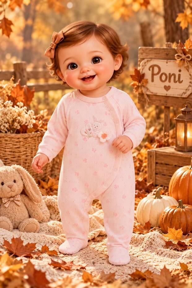 100% Cotton Baby Romper – Floral Rabbit Pattern, with Booties, Snap Fasteners, Pink / Ecru