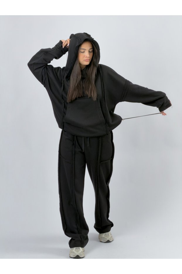 Design Dirty Stitched Hooded Black Women's Set Coc3513
