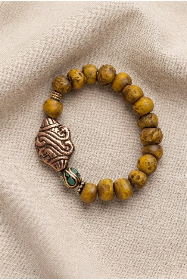 Handmade Flexible Special Design Bracelet with Matte Indian Glass and Brass Accessories